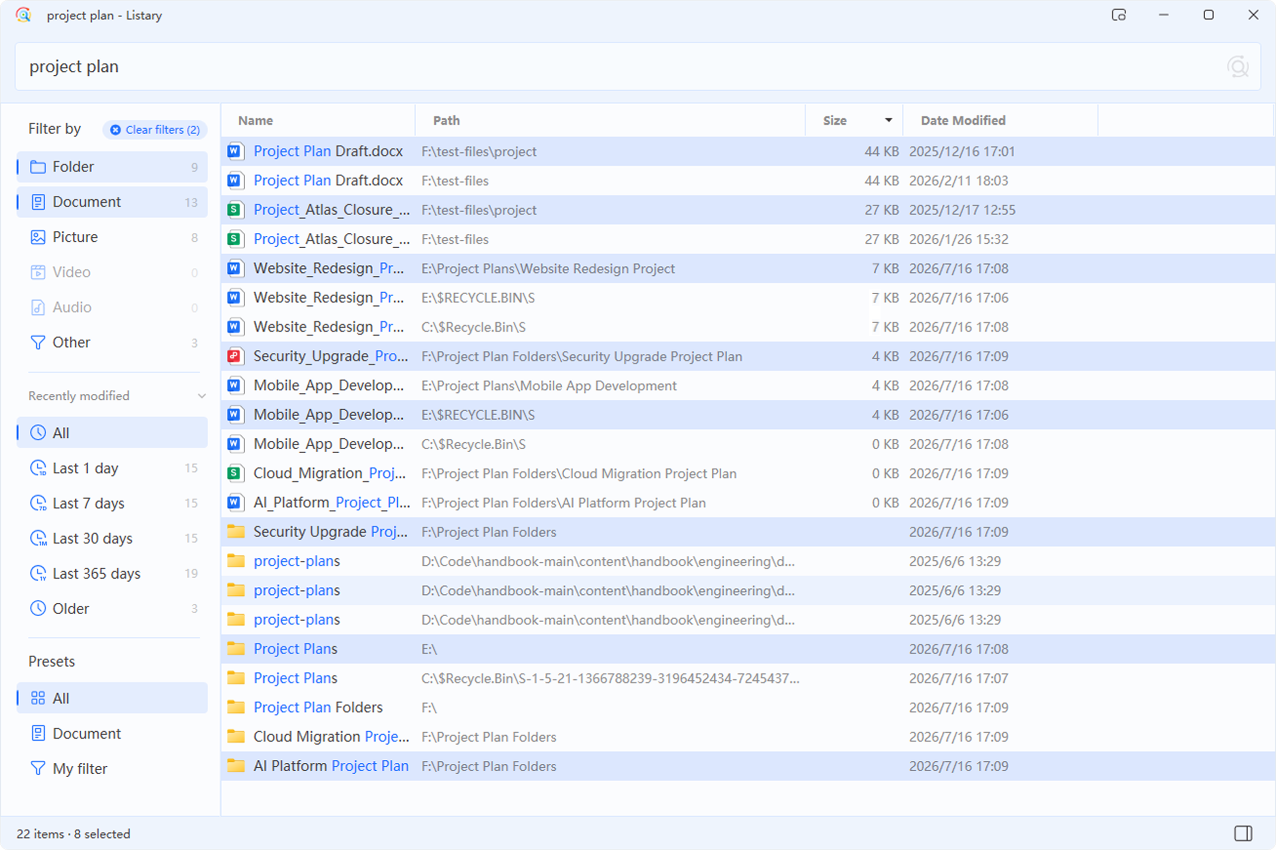 Listary V7 File Search Window with multiple selected files, a Size column, and category result counts
