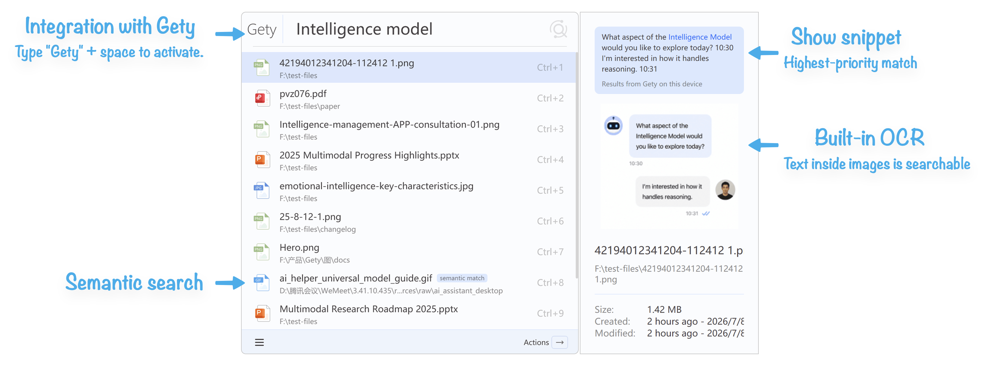 Listary launcher showing Gety integration results with semantic search, snippets, and OCR matches