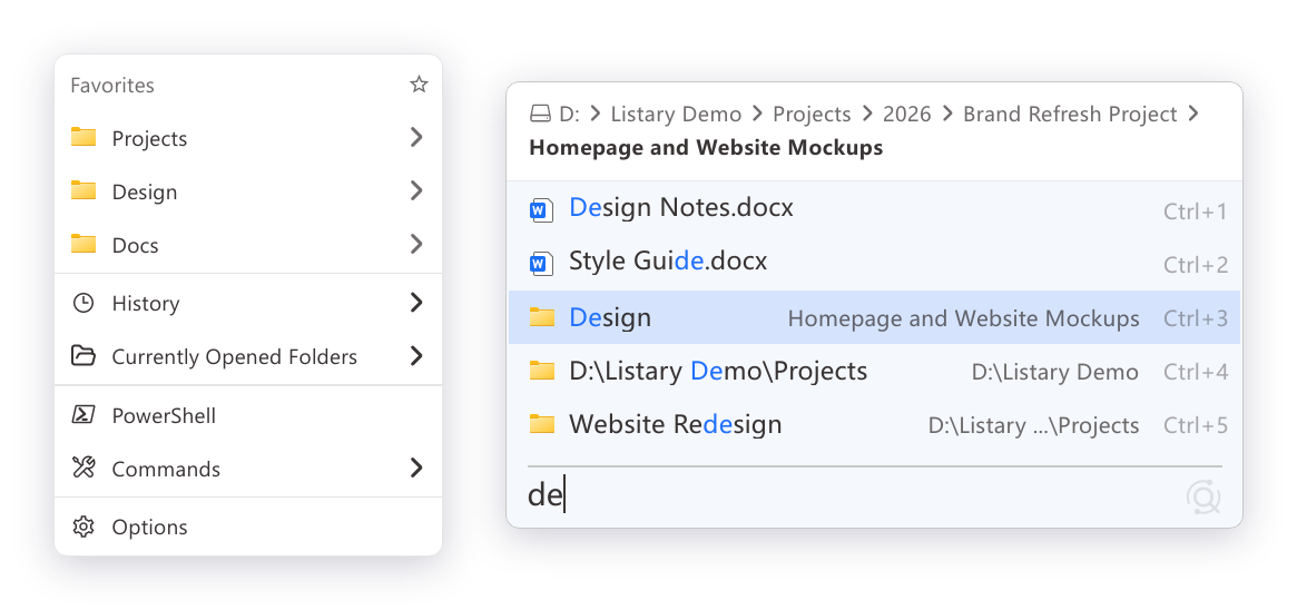 Listary 7.1 popup menu and the File Explorer search bar with its folder path shown level by level