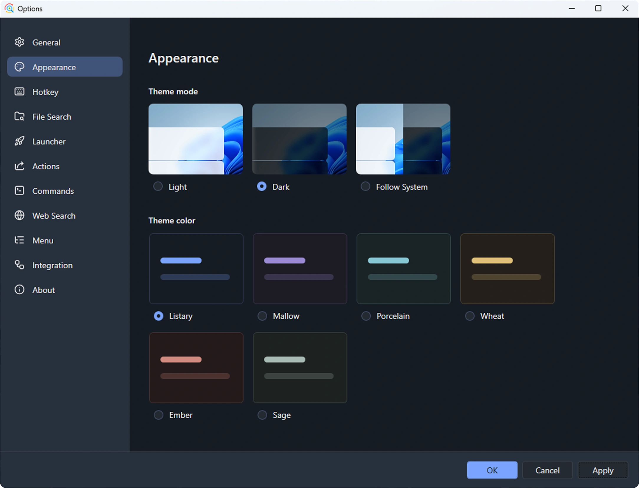 Listary V7 settings in dark mode with theme color presets